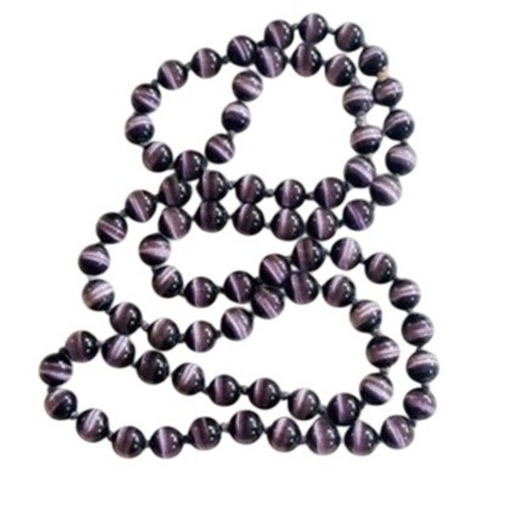 VTG Purple Cat Eye Necklace Beaded stone‎ BOHO Chunky Collar 30"L 7.5mm rare